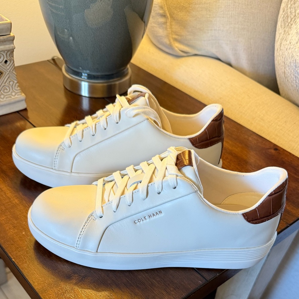 Cole Haan White Sneakers with Brown Heel Accent